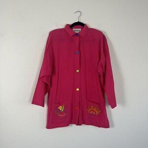 Vintage 80s PETER POPOVITCH Retro Mod Hot Pink Oversized Button Front Blouse Med